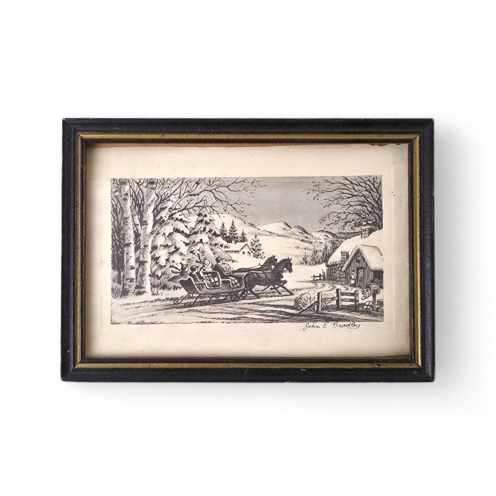 John E. Bradley Signed Winter Sleigh Ride Illustration - Framed Pen & Ink Style - Picture 1 of 3